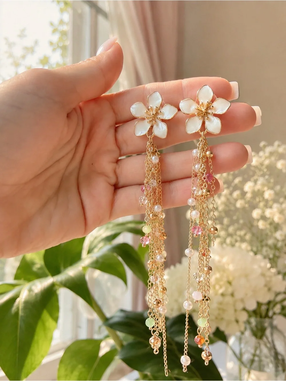 Floral Drop Earrings with White Petals and Pastel Beads